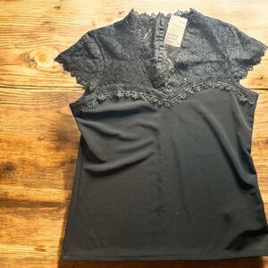 H&M Black Lace V-Neck Short Sleeve Blouse‎ Top NWT $29.99